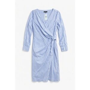 Ann Taylor Petite Blue Stripe Wrap Dress Cotton Tie Waist Midi 0P NWT Elevated